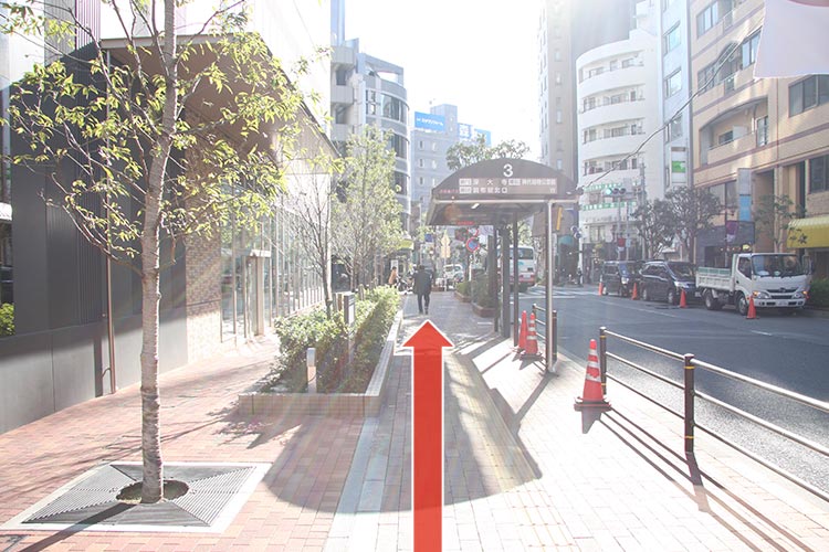 歩道を直進し、坂を下ります。